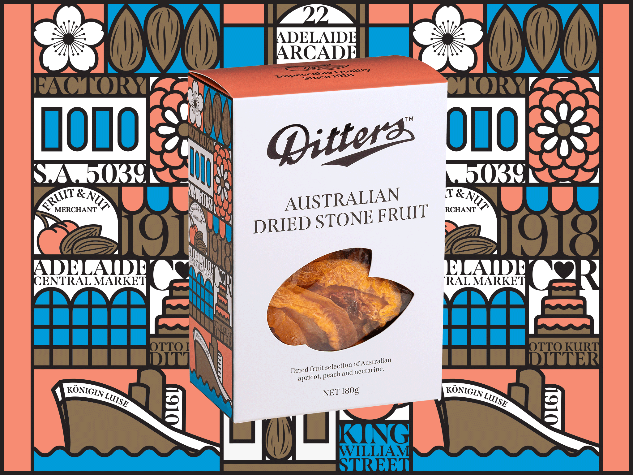Australian Dried Stone Fruit Story Gift Box featuring premium Australian dried apricots, peaches and nectarines in front of the colourful illustrated Ditters Story Gift Box artwork celebrating Adelaide heritage.