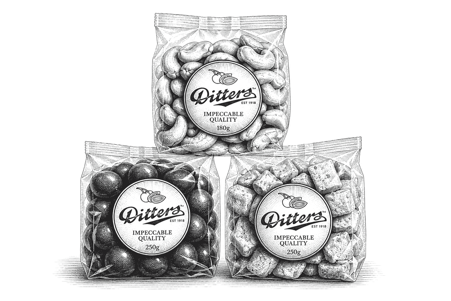 Vintage black and white engraved illustration of three Ditters product bags arranged in a triangular display: roasted cashews at the top, milk chocolate-coated nuts at the lower left, and apricot delight at the lower right.