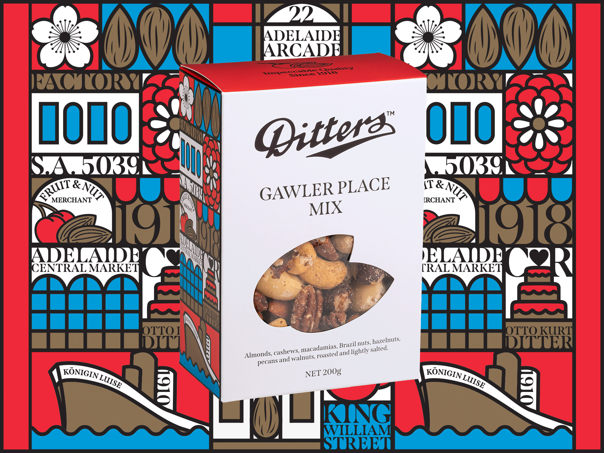 Gawler Place Mix Story Gift Box featuring a premium mix of seven roasted and lightly salted nuts in front of the colourful illustrated Ditters Story Gift Box artwork celebrating Adelaide heritage.