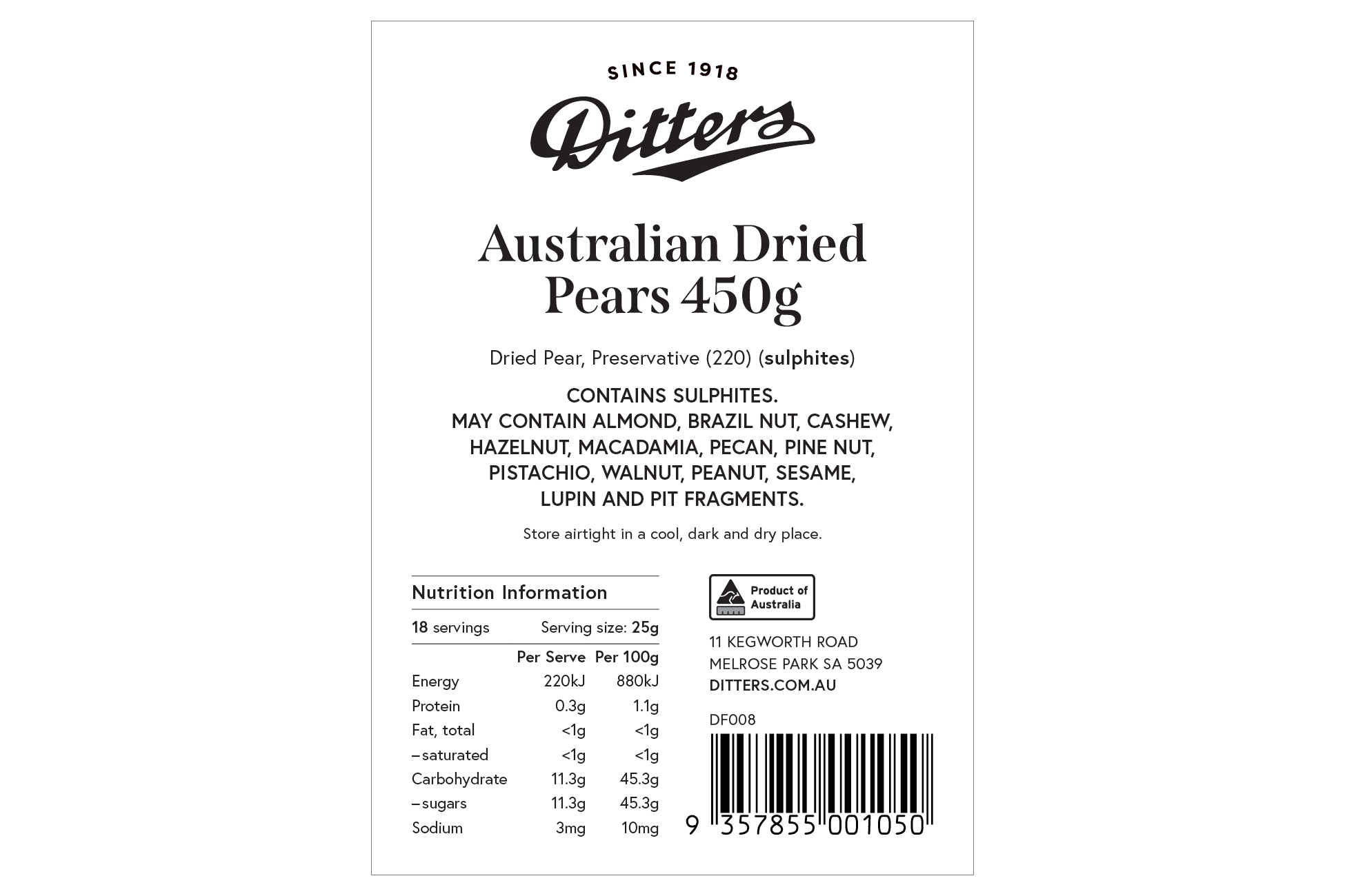 Ditters dried pear ingredients label