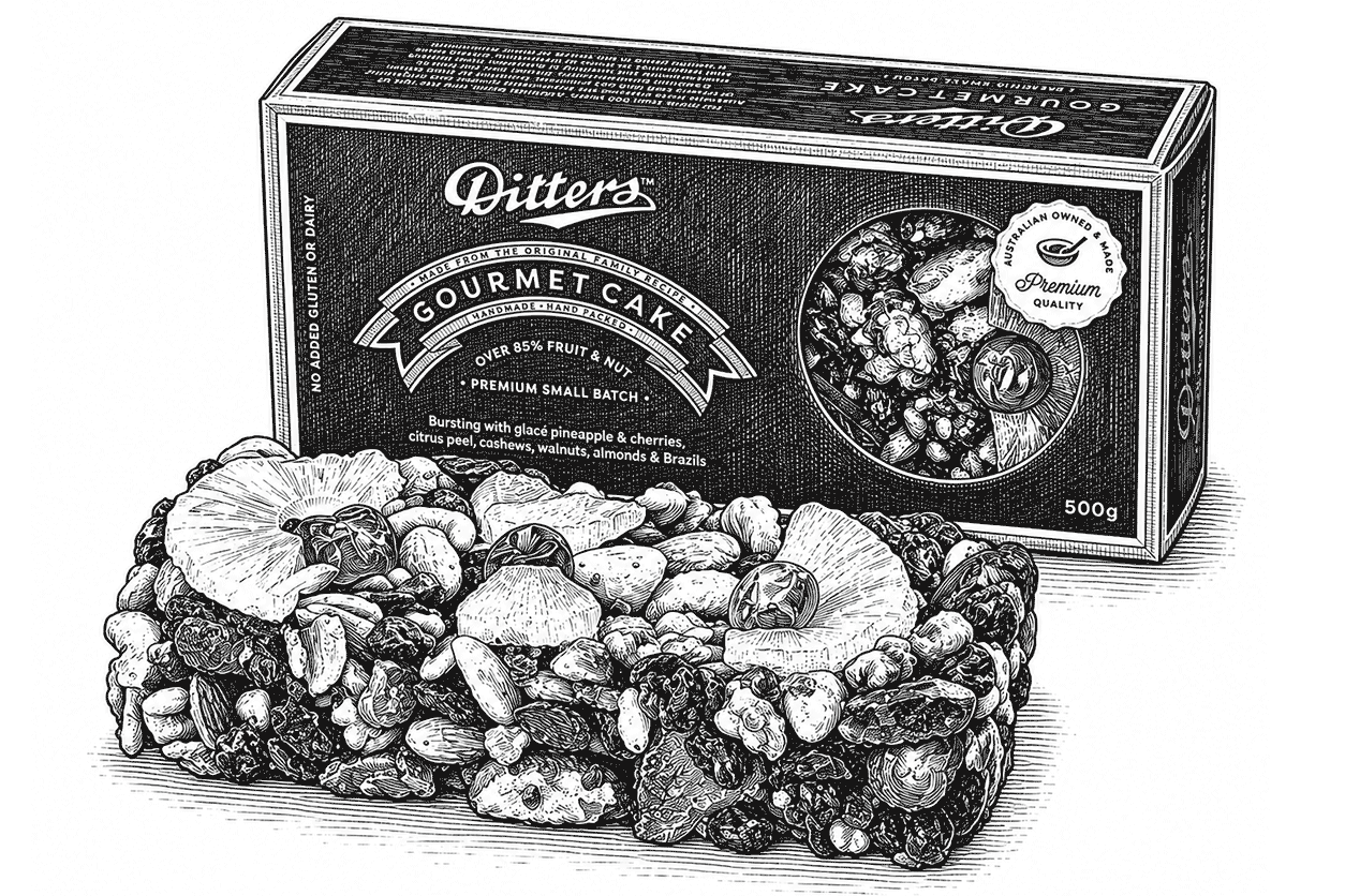 Vintage engraved illustration of a Ditters Gourmet Cake beside its gift box.