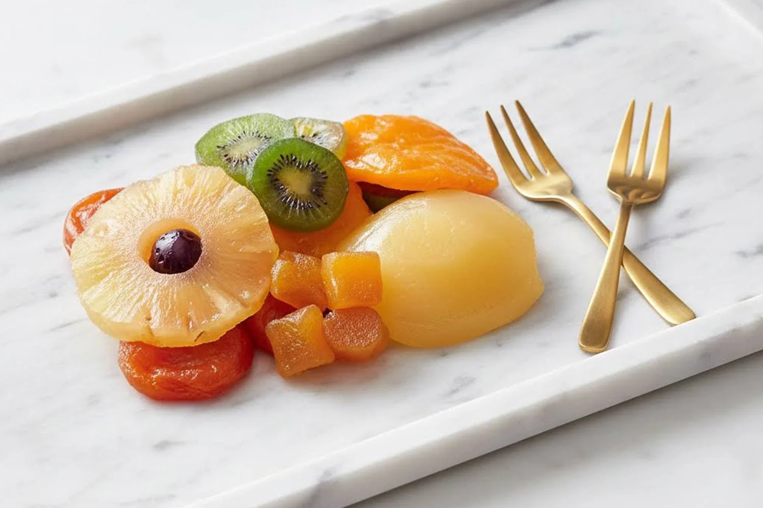 marble platter with glace pineapple, apricot, peach, pear, ginger, kiwifruit and pear with two small gold forks