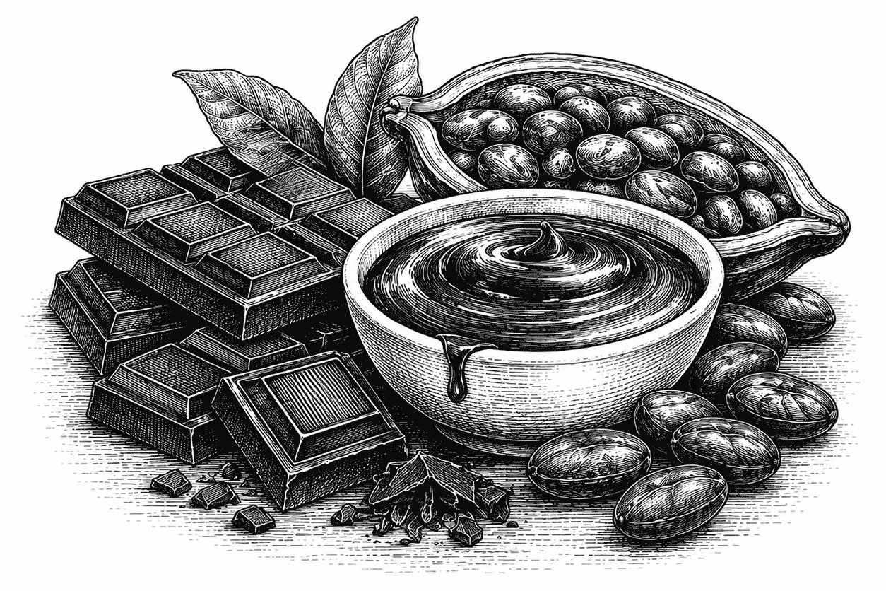 Vintage engraved illustration of chocolate bars, cocoa beans and a bowl of melted chocolate.