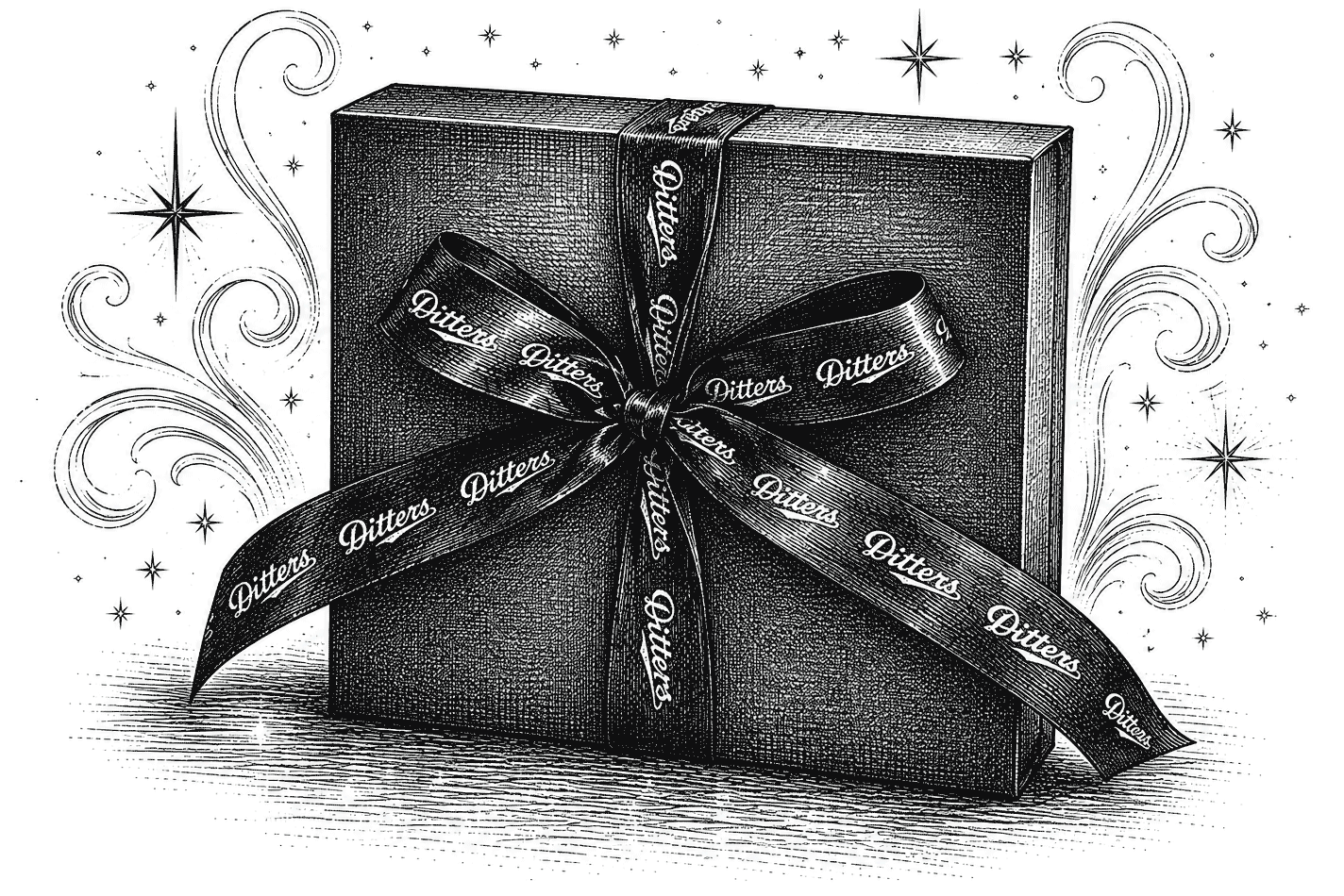 Vintage black and white engraved illustration of a Ditters gift hamper box tied with a ribbon, surrounded by decorative stars and flourishes on a pure white background.