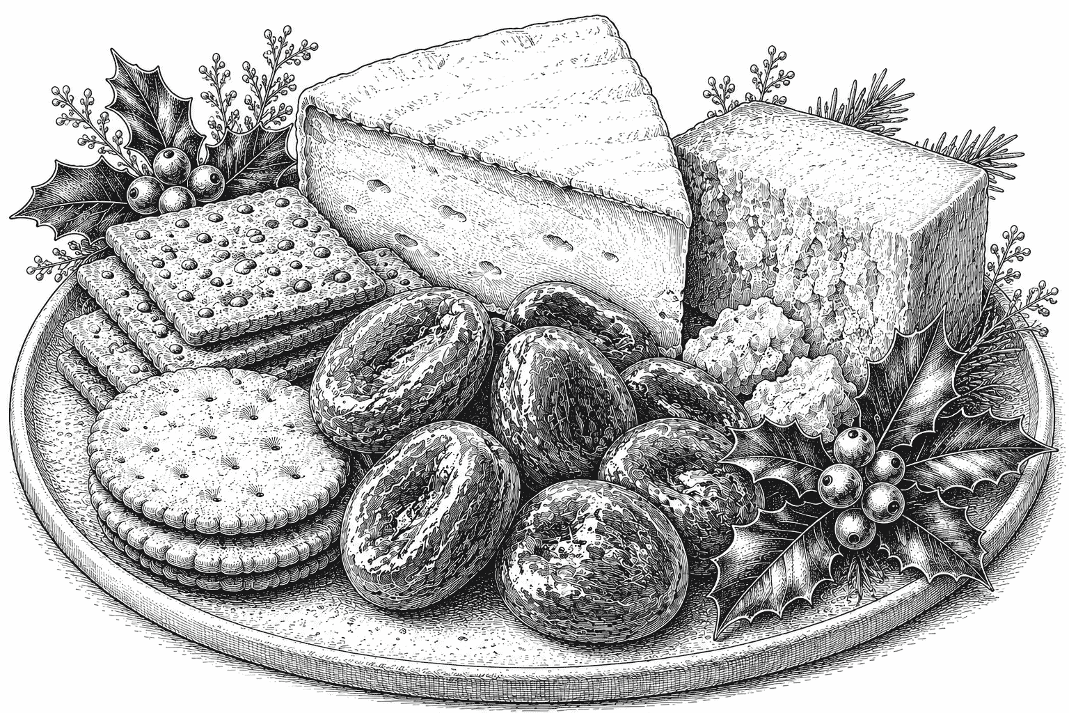 Vintage engraved illustration of a festive cheeseboard with cheeses, crackers, glace apricots, holly leaves and Christmas greenery.