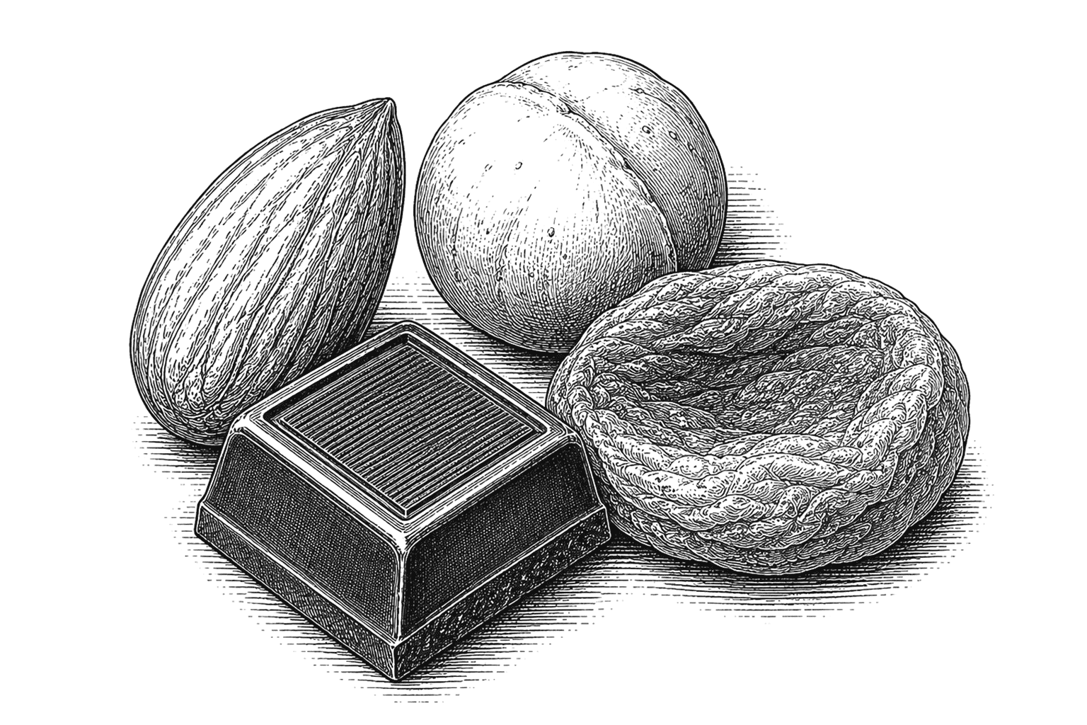 Vintage-style botanical illustration featuring an almond, macadamia, walnut half and a square of chocolate, representing the premium ingredients found in Ditters chocolate nut mixes.