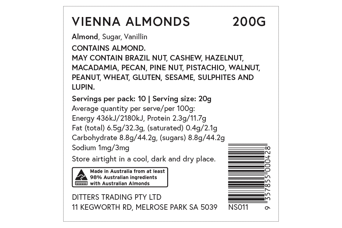 Ditters vienna almonds ingredients label
