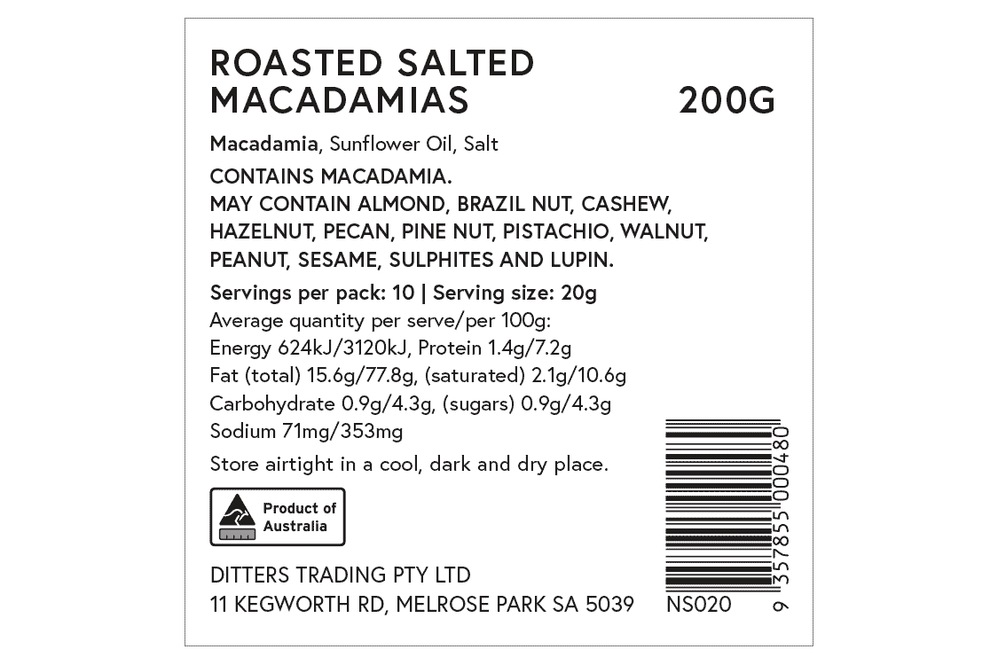 Ditters roasted salted macadamias ingredients label