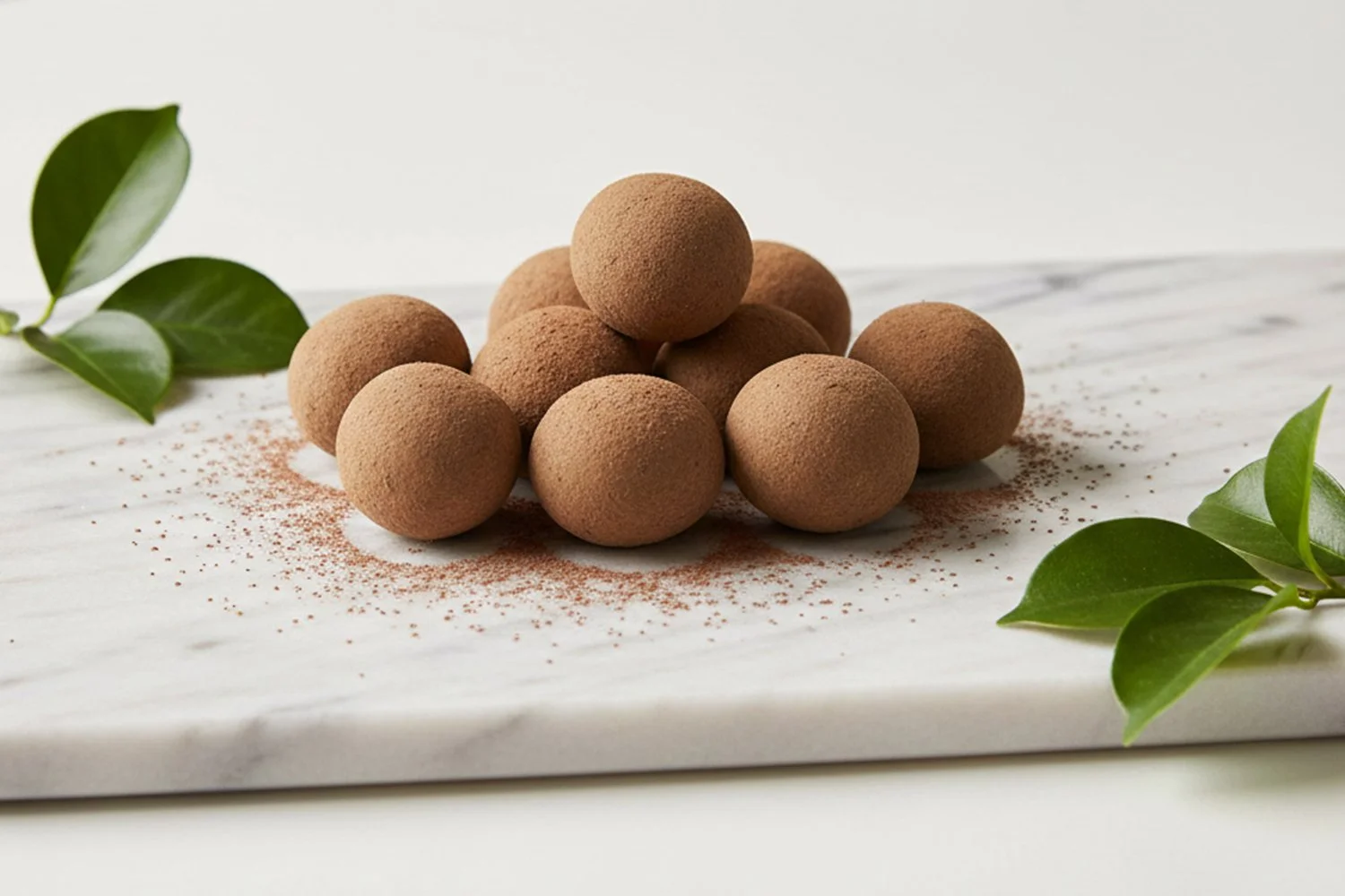 Dark chocolate macadamias dusted with cocoa powder on a marble platter