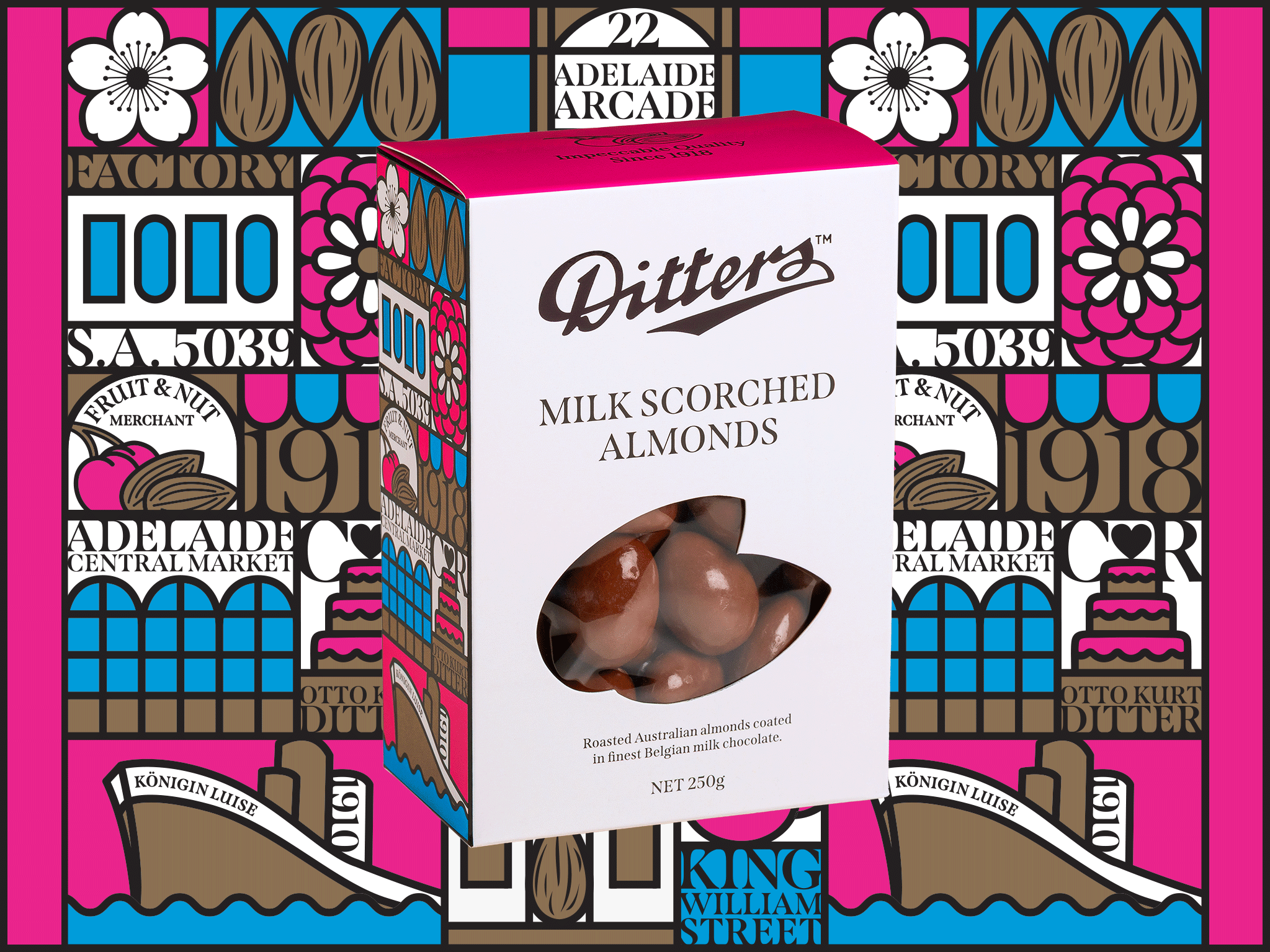 Milk Scorched Almonds Story Gift Box featuring premium roasted Australian almonds coated in Belgian milk chocolate in front of the colourful illustrated Ditters Story Gift Box artwork celebrating Adelaide heritage.