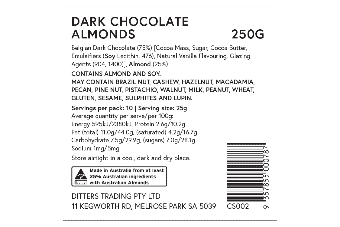 Ditters dark chocolate almonds ingredients label