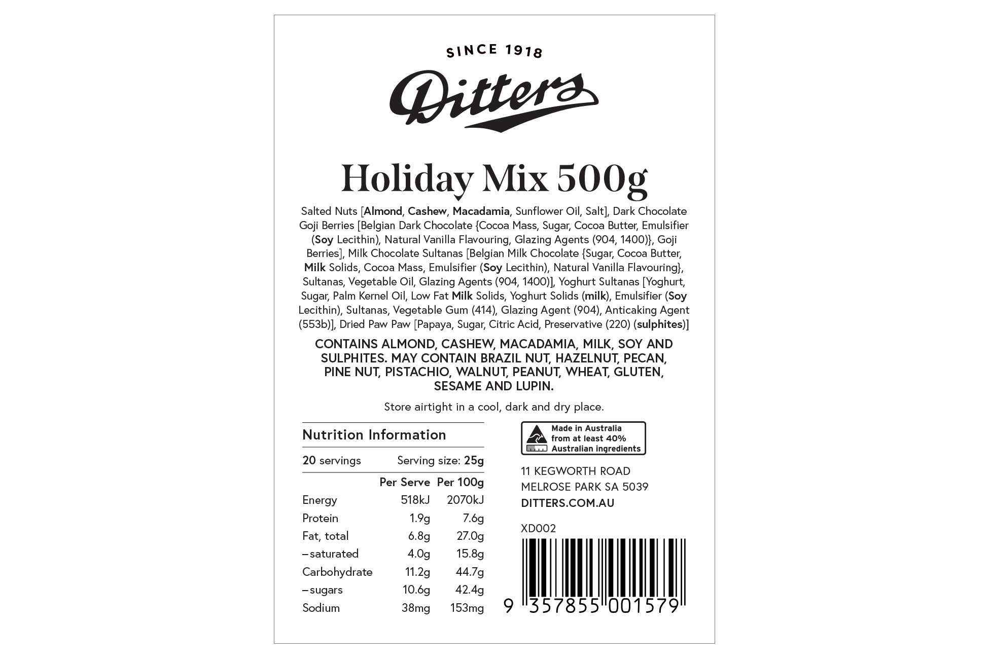 Ditters holiday mix ingredients label