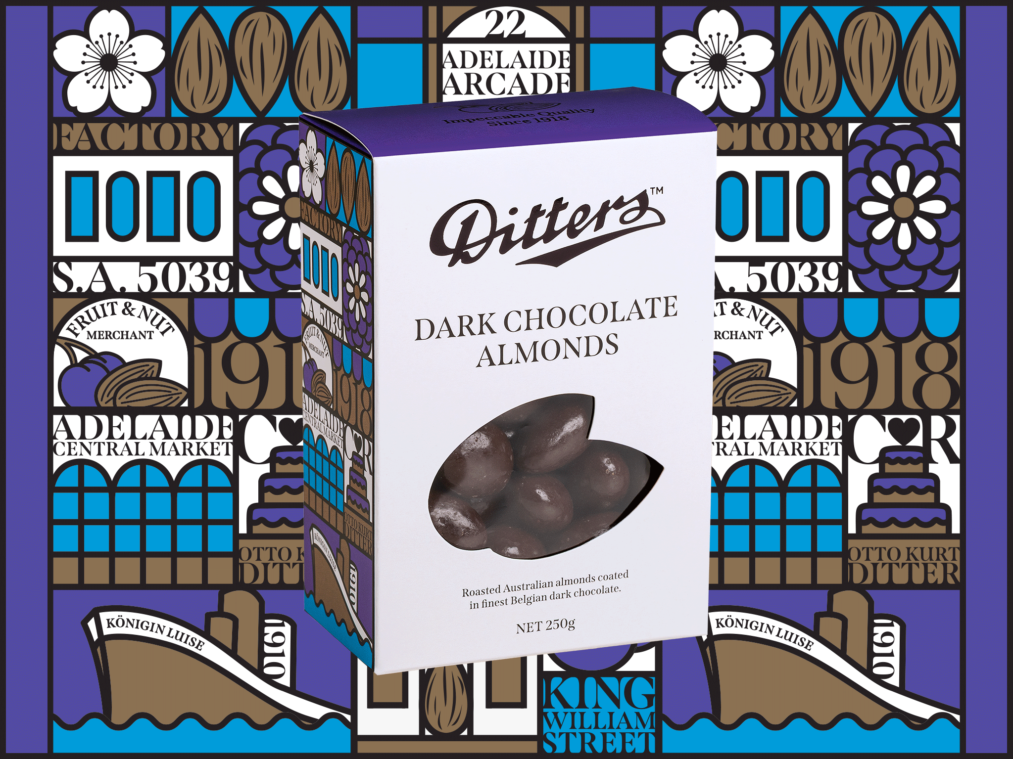 Dark Chocolate Almonds Story Gift Box featuring premium roasted Australian almonds coated in Belgian dark chocolate in front of the colourful illustrated Ditters Story Gift Box artwork celebrating Adelaide heritage.