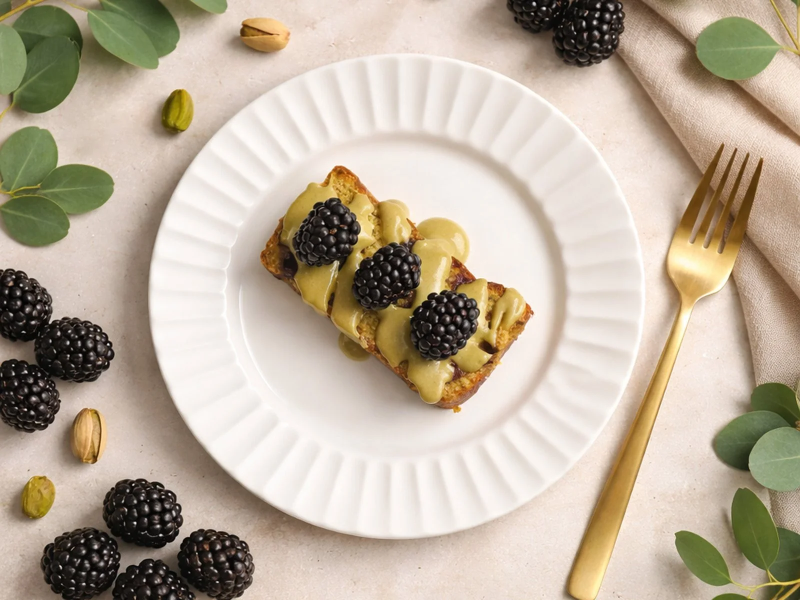 Blueberry pistachio lemon cake topped with pistachio cream and fresh blackberries