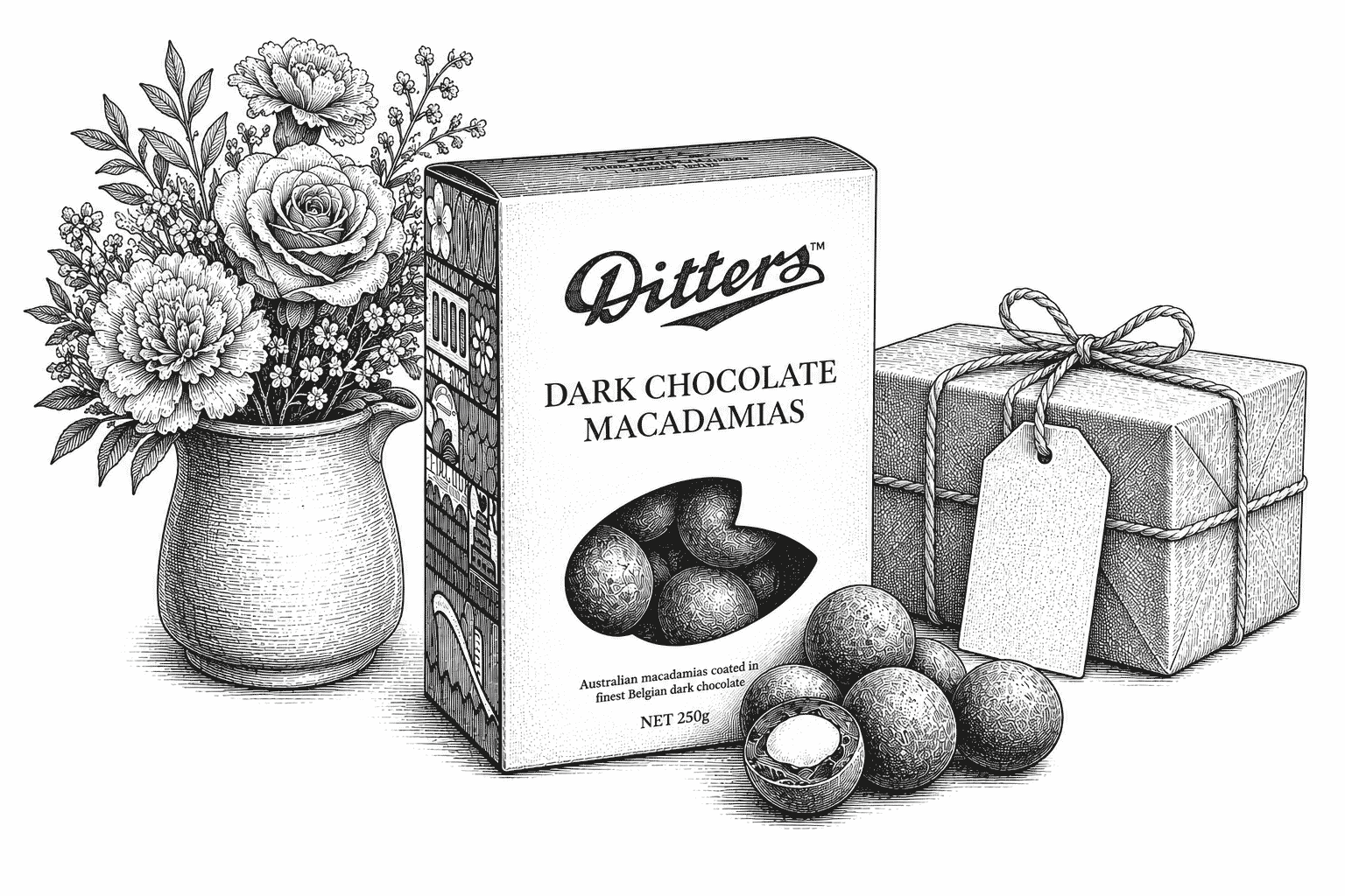 Vintage-style illustration of the Ditters Dark Chocolate Macadamias Story Gift Box beside wrapped gifts, a vase of flowers and chocolate-coated macadamias, highlighting the product as a thoughtful premium gift.