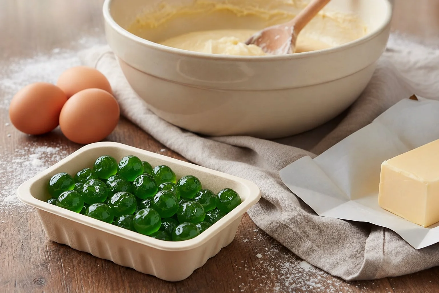 Green glacé cherries in a small tray beside a mixing bowl, eggs and butter in a warm baking scene.