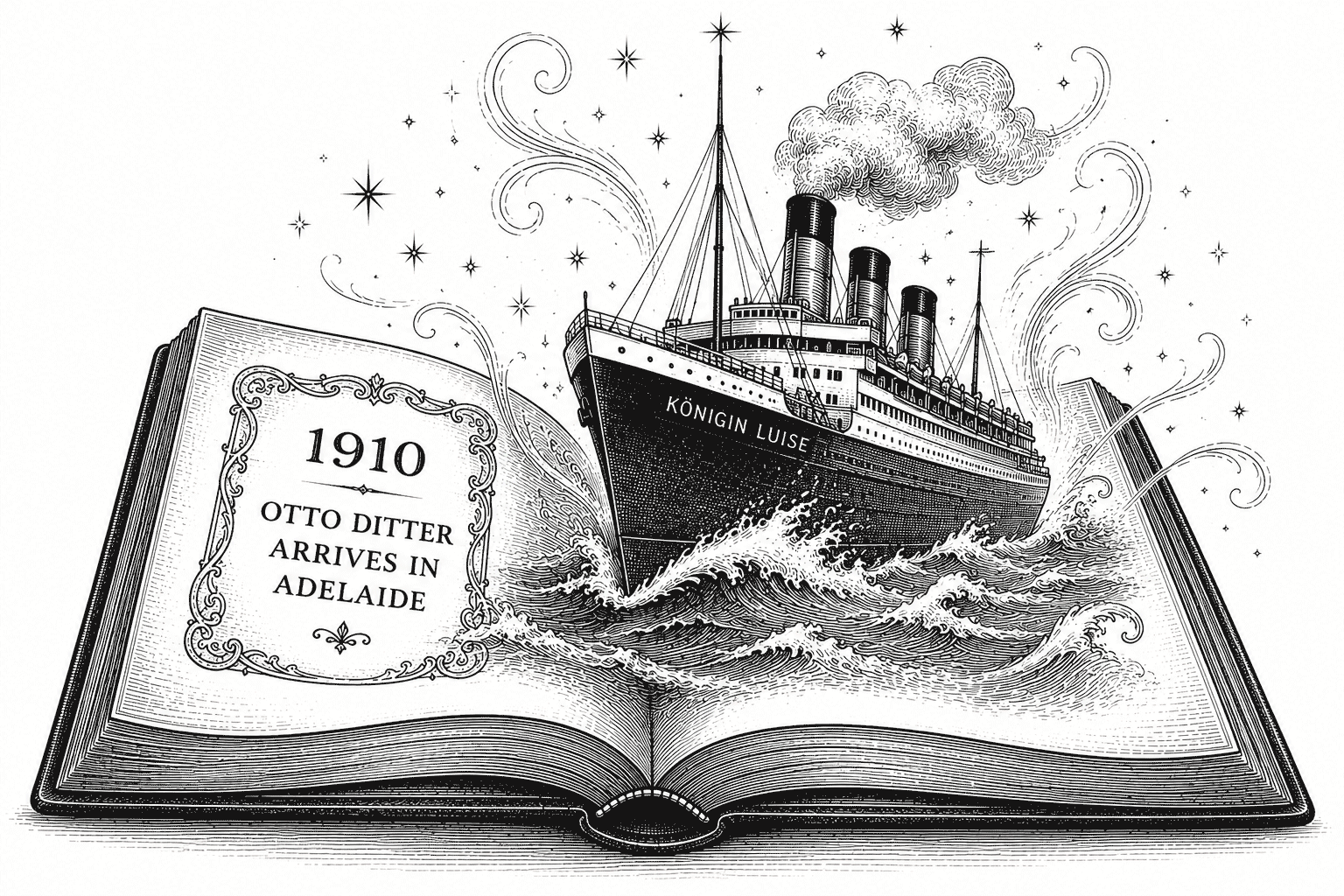 Vintage black and white engraved illustration of an open storybook with the ocean liner Königin Luise emerging from its pages in a magical scene.