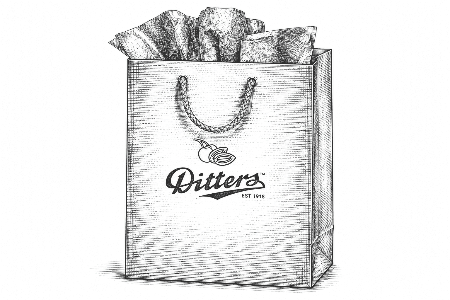 Vintage black and white engraved illustration of a Ditters gift bag with gold tissue paper, presented on a pure white background.
