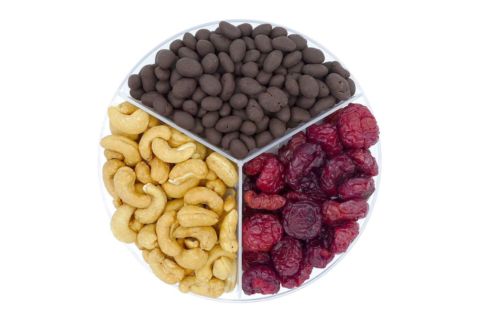 Clear gift tray with three sections containing salted cashews, Australian dried plums and plant based chocolate goji berries.