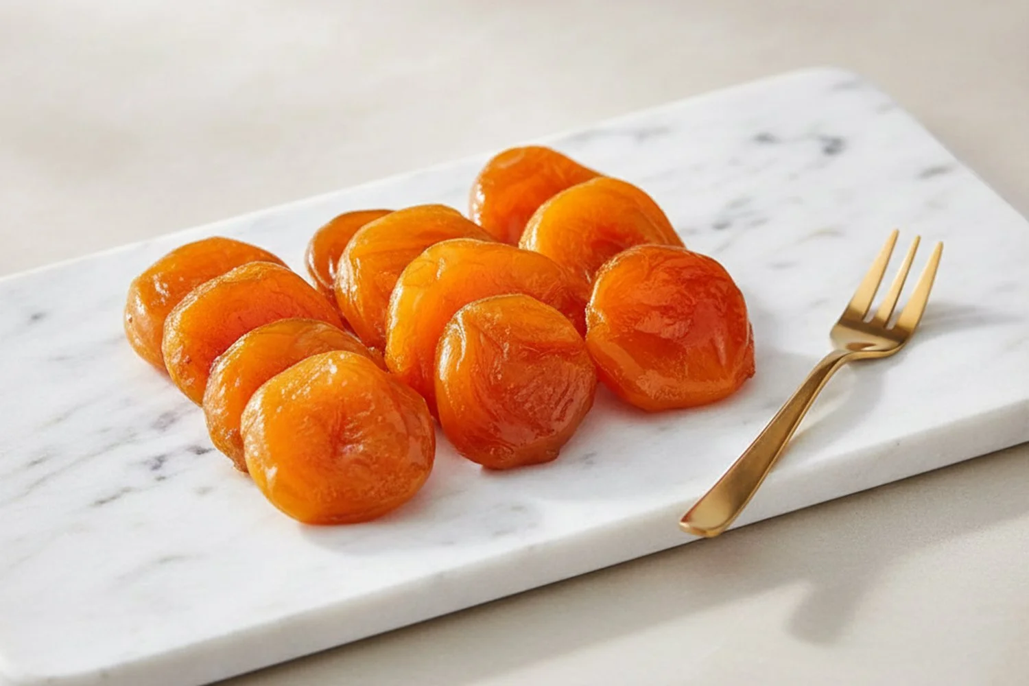 glazed apricots on a marble platter with a gold fork