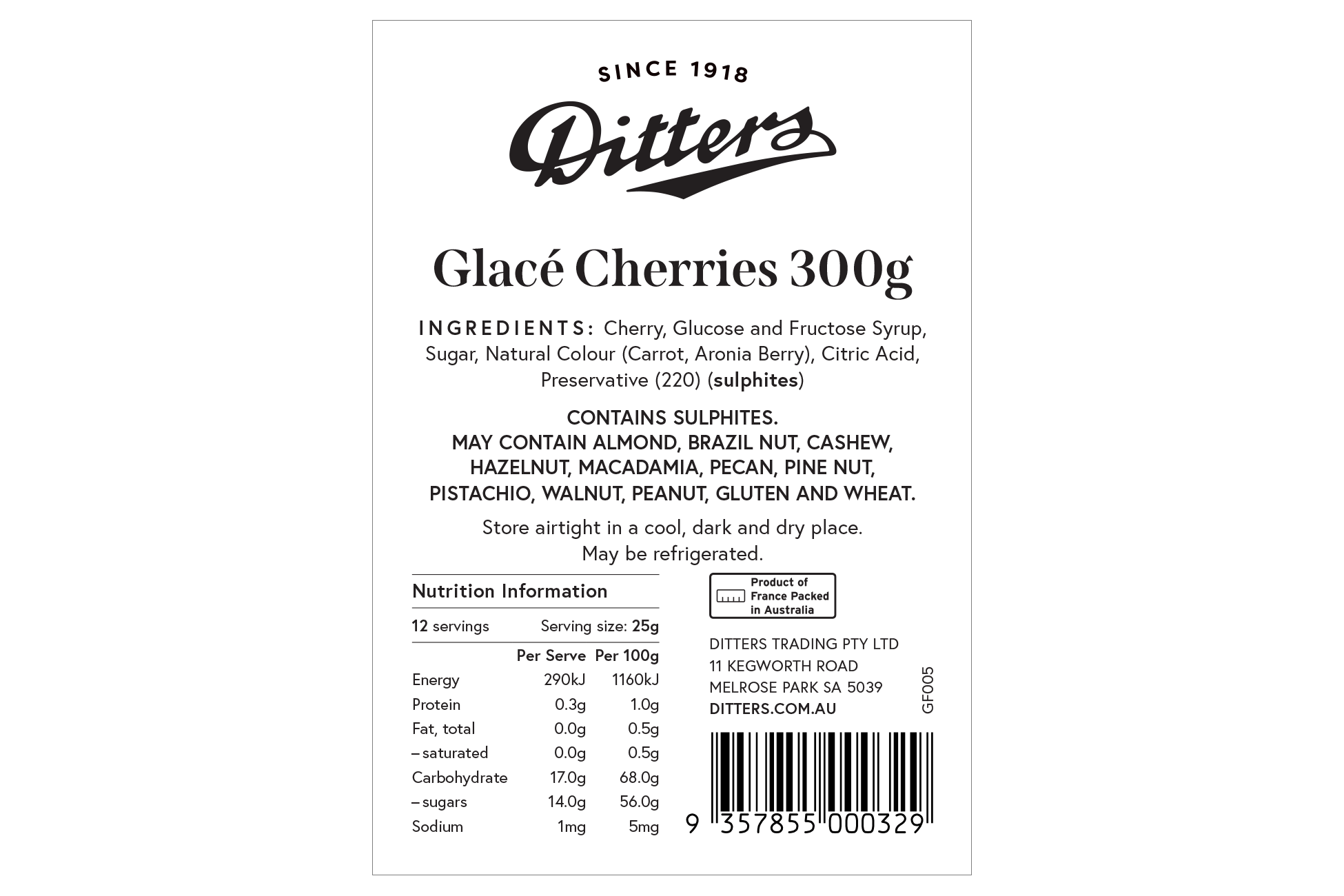 Ditters red glace cherries ingredients label