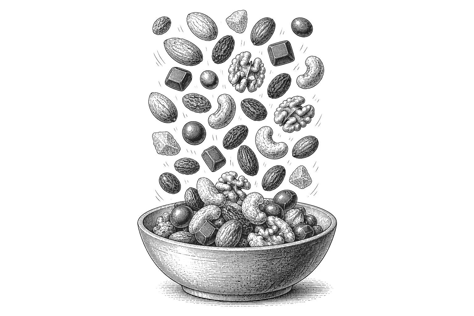 Vintage black and white illustration of mixed nuts, dried fruit and chocolate pieces cascading into a bowl, symbolising the coming together of premium ingredients to create a gourmet nut mix.