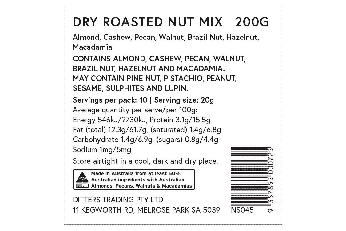 Ditters dry roasted nut mix ingredients label