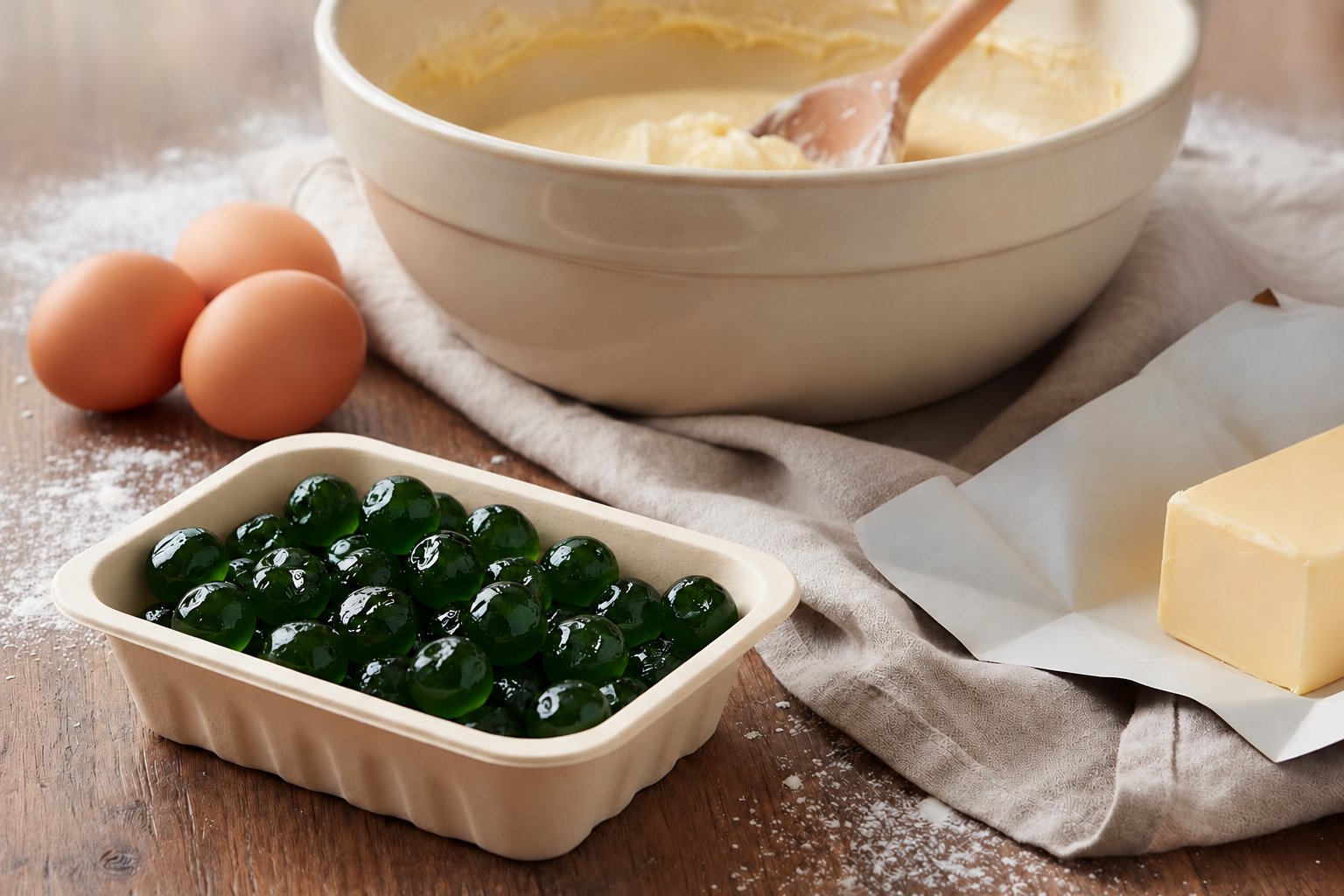 Green glacé cherries in a small tray beside a mixing bowl, eggs and butter in a warm baking scene.