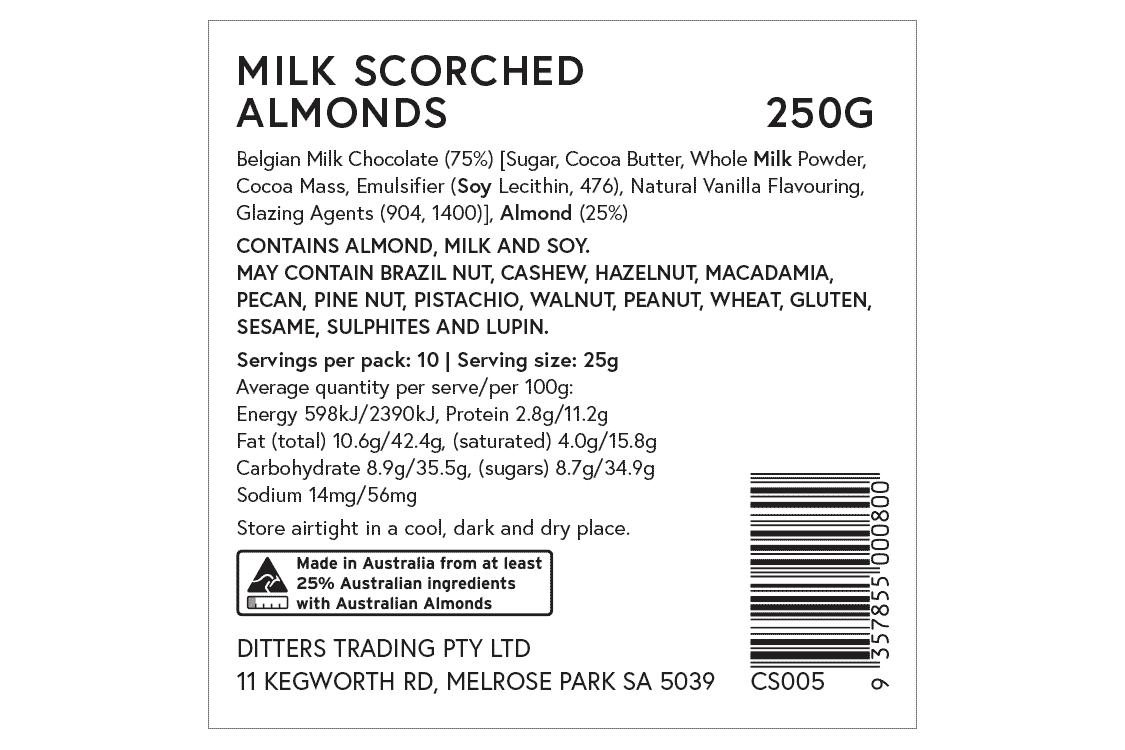 Ditters milk scorched almonds ingredients label