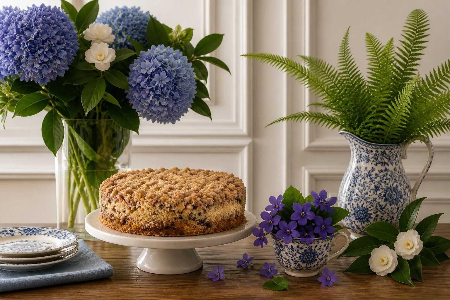 Cinnamon streusel cake on a pedestal with hydrangeas, violets and greenery arranged on a table, inspired by Clara Remien’s love of bringing the garden indoors