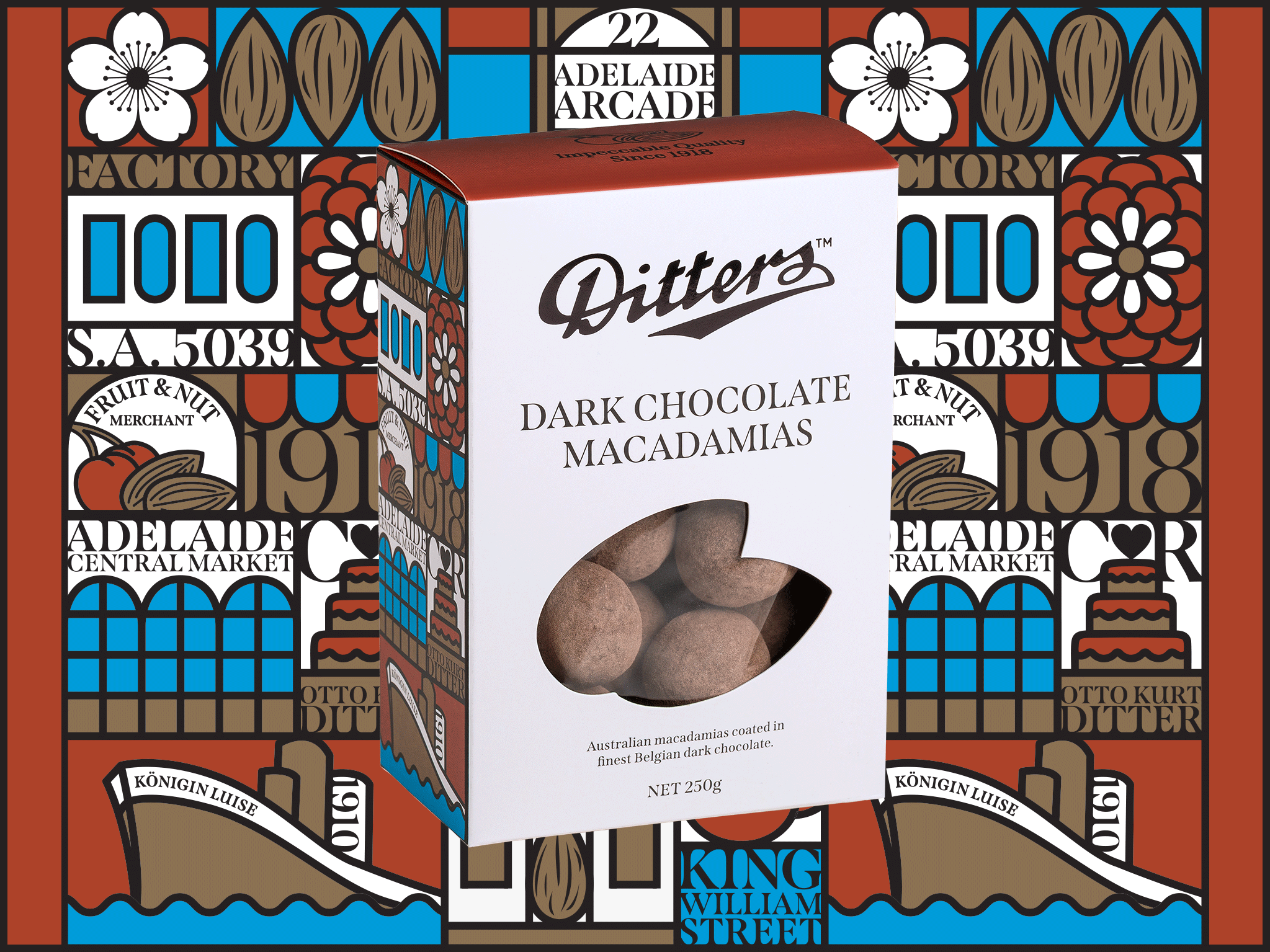 Dark Chocolate Macadamias Story Gift Box featuring premium Australian macadamias coated in Belgian dark chocolate and dusted with cocoa in front of the colourful illustrated Ditters Story Gift Box artwork celebrating Adelaide heritage.