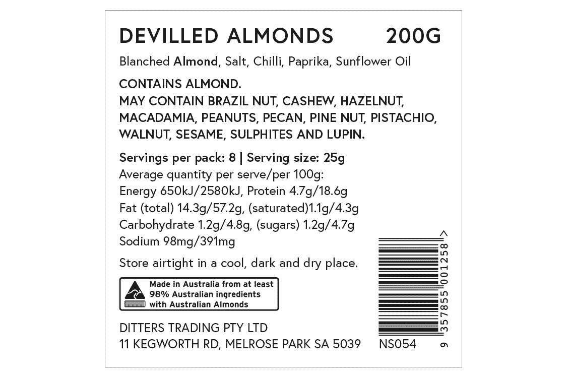 Ingredients label for Devilled Almonds