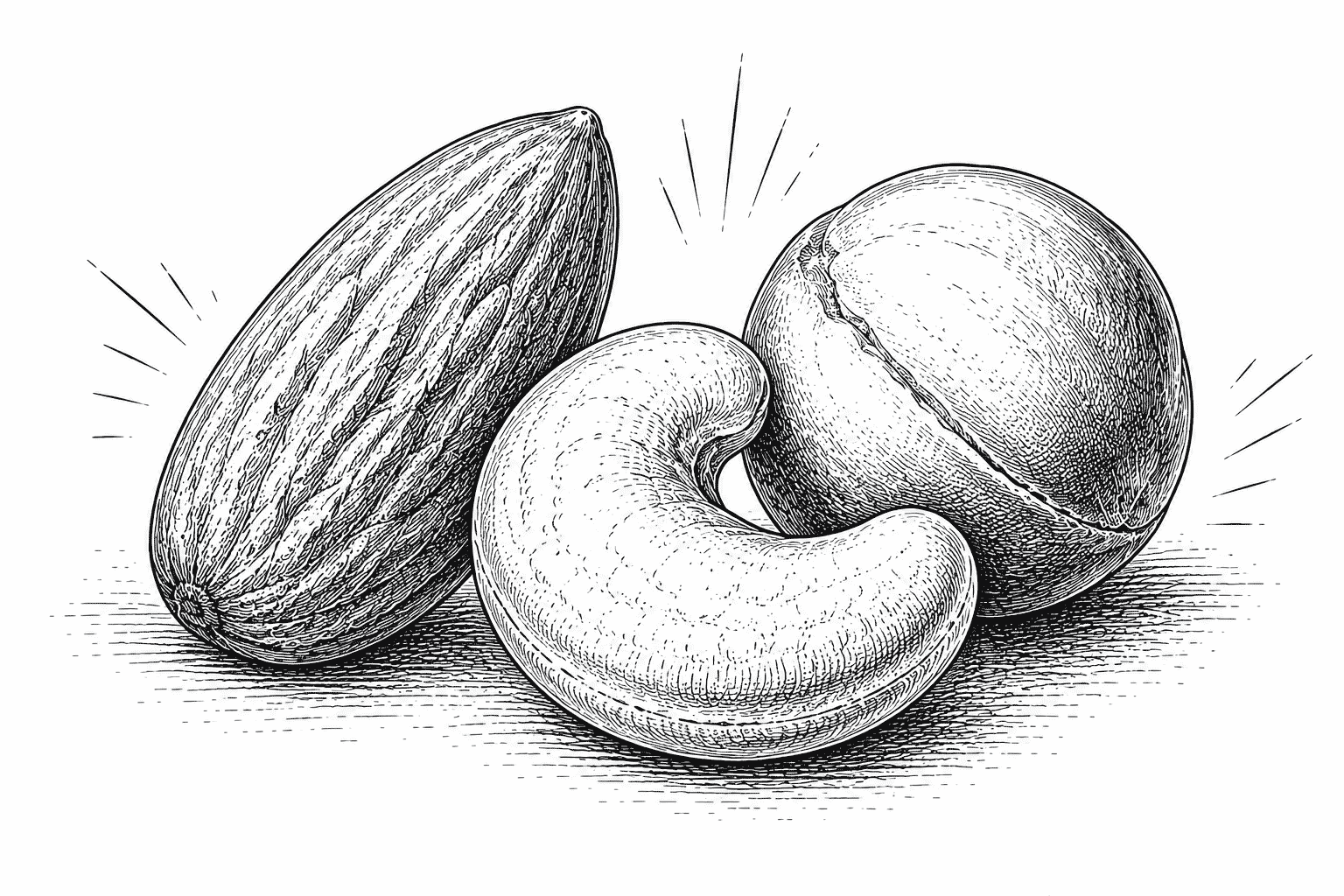 Vintage engraved illustration of a premium almond, cashew and macadamia with subtle accent lines highlighting their natural texture and shape.