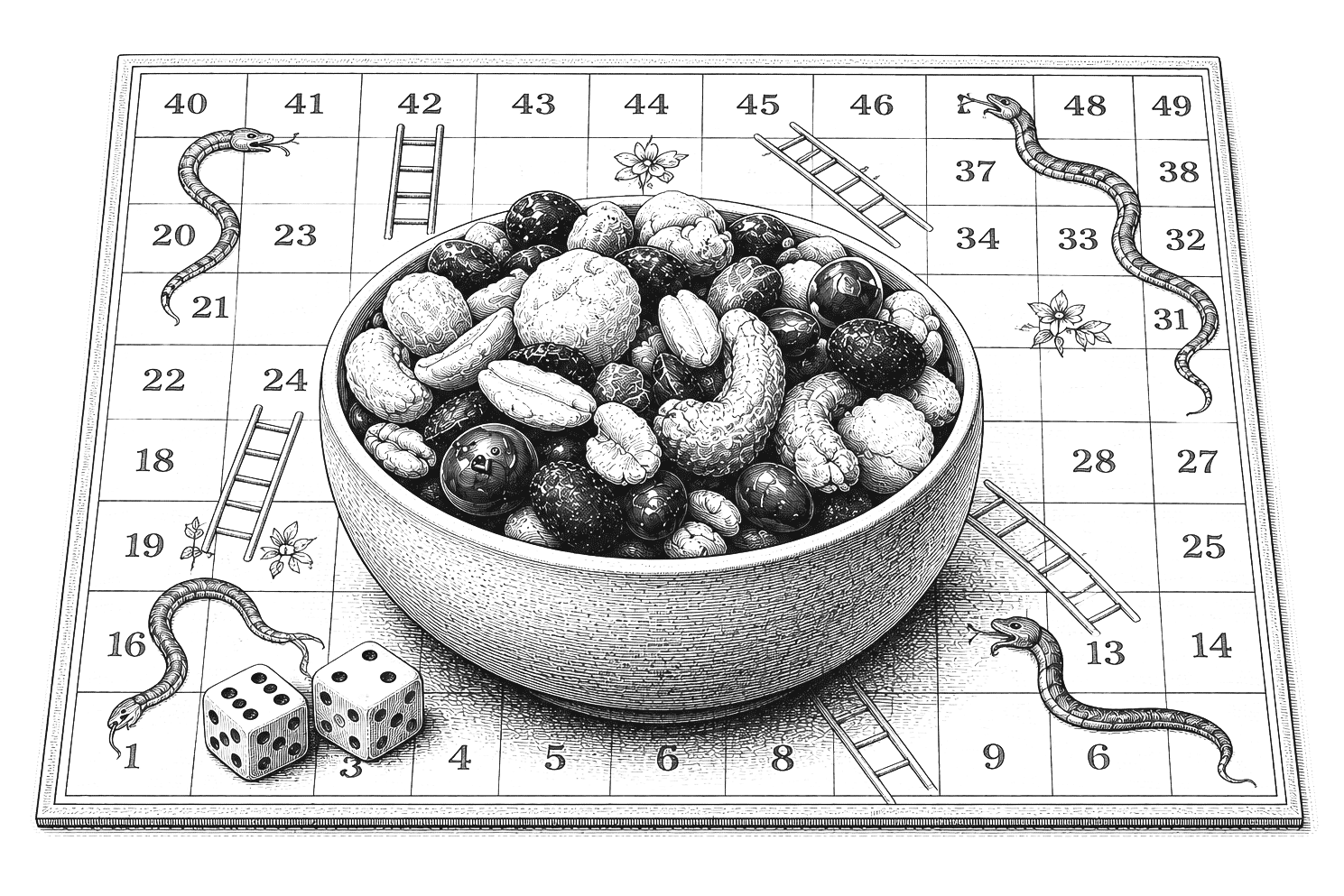 Vintage black and white illustration of a bowl filled with Ditters Games Night Mix sitting on a Snakes and Ladders board, with two dice beside the bowl, evoking shared games, relaxed entertaining and family snack time.