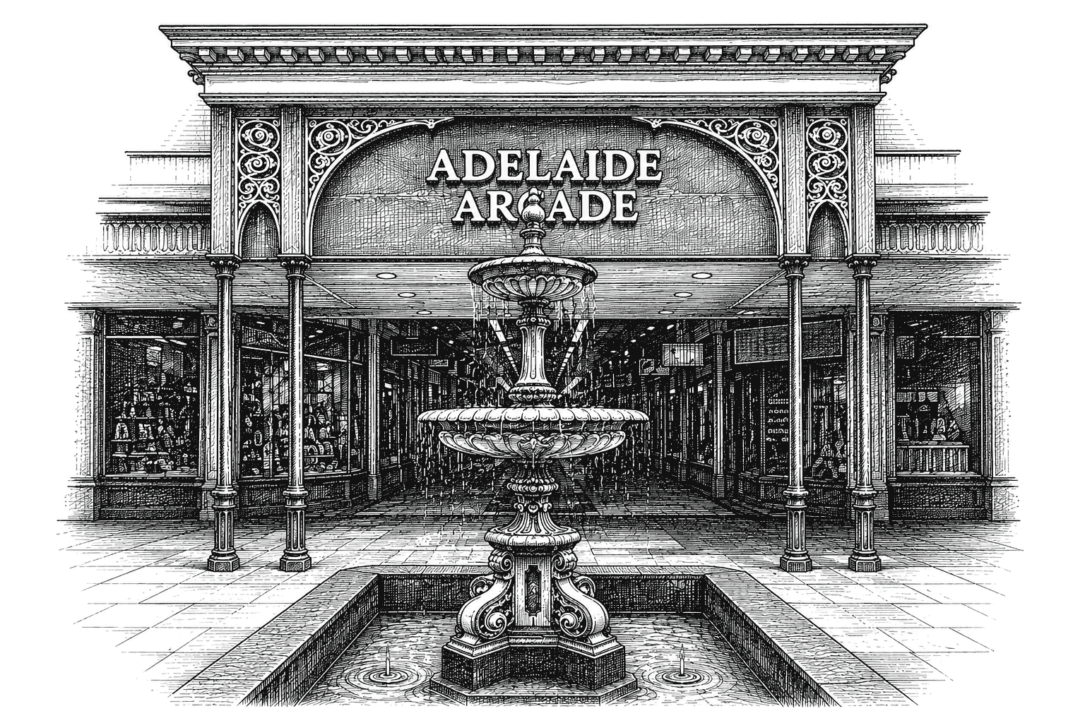 Vintage-style illustration of the Adelaide Arcade entrance and historic fountain, with ornate Victorian architecture and the iconic arcade extending into the distance in the heart of Adelaide.