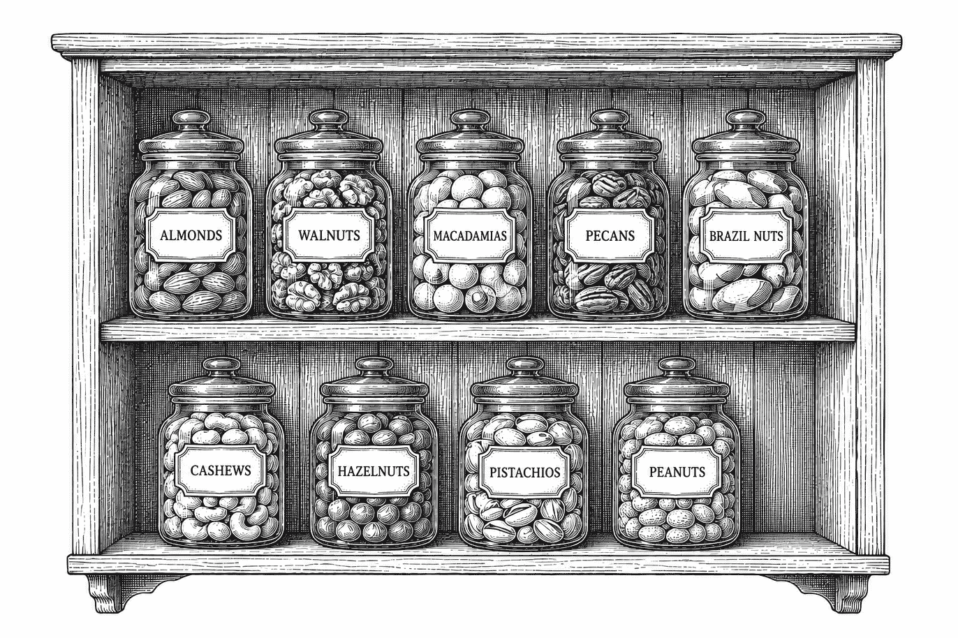 Vintage engraved illustration of an open pantry shelf filled with neatly labelled glass jars of almonds, walnuts, macadamias, pecans, Brazil nuts, cashews, hazelnuts and pistachios, celebrating a well-stocked home pantry.