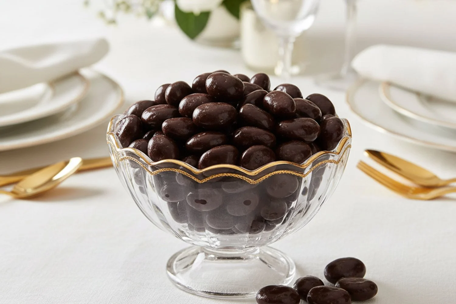 dark chocolate raisins in elegant bowl on the dinner table