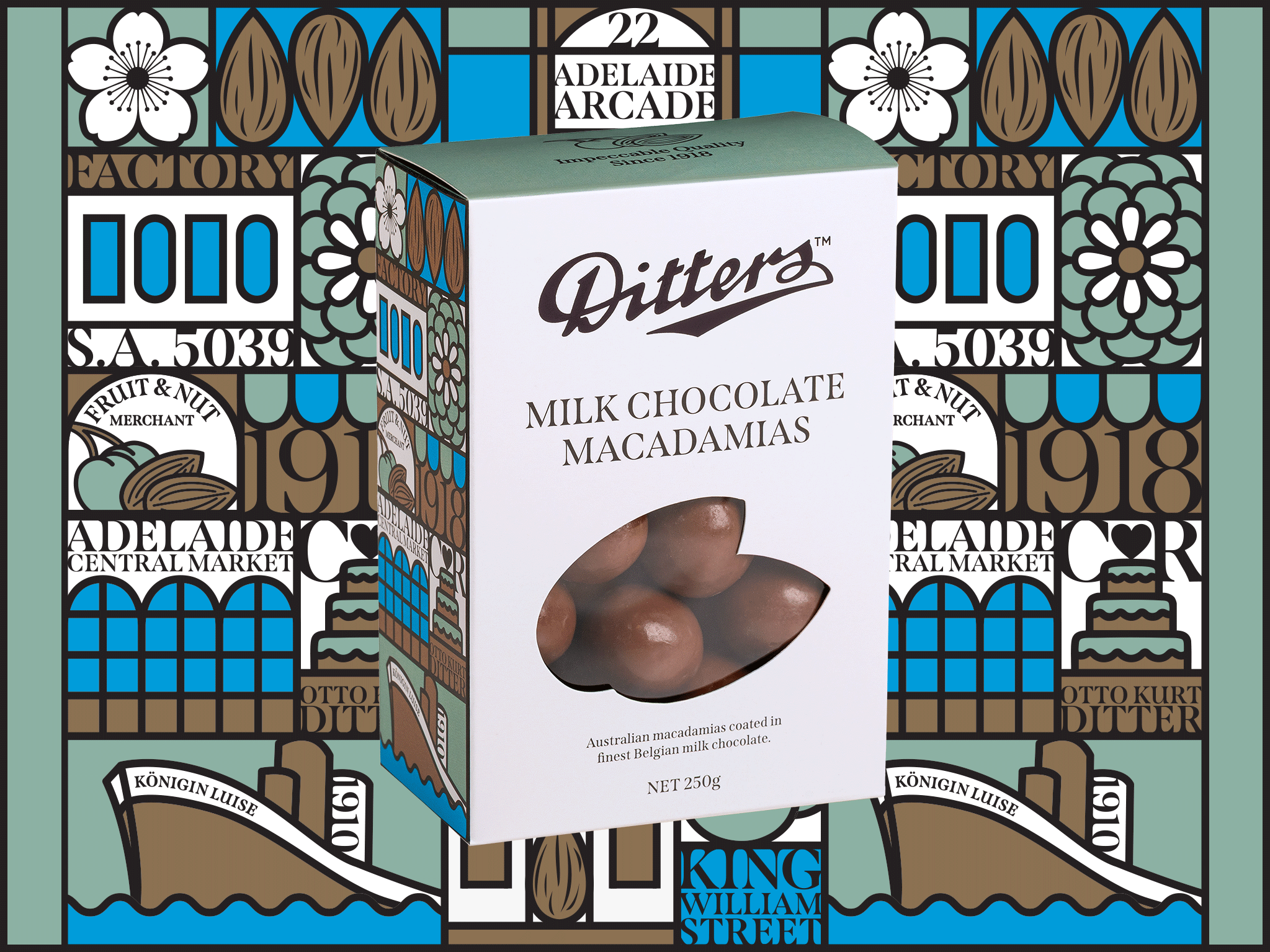 Milk Chocolate Macadamias Story Gift Box featuring premium Australian macadamias coated in Belgian milk chocolate in front of the colourful illustrated Ditters Story Gift Box artwork celebrating Adelaide heritage.