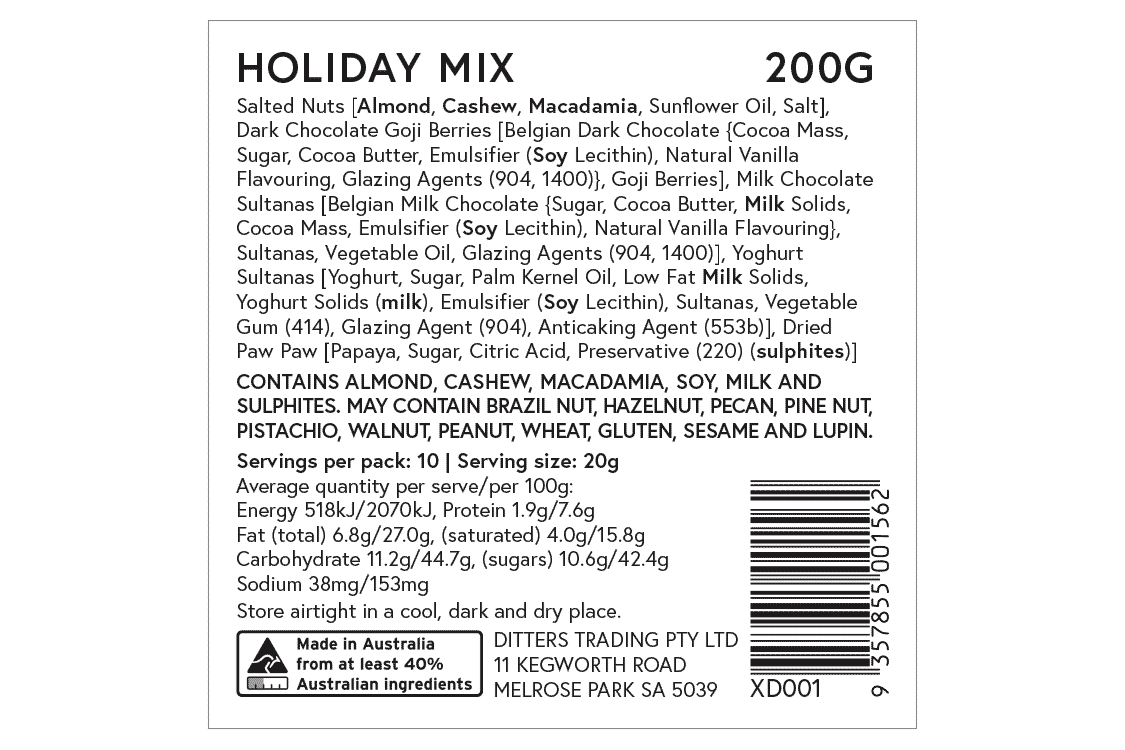 Ditters holiday mix ingredients label