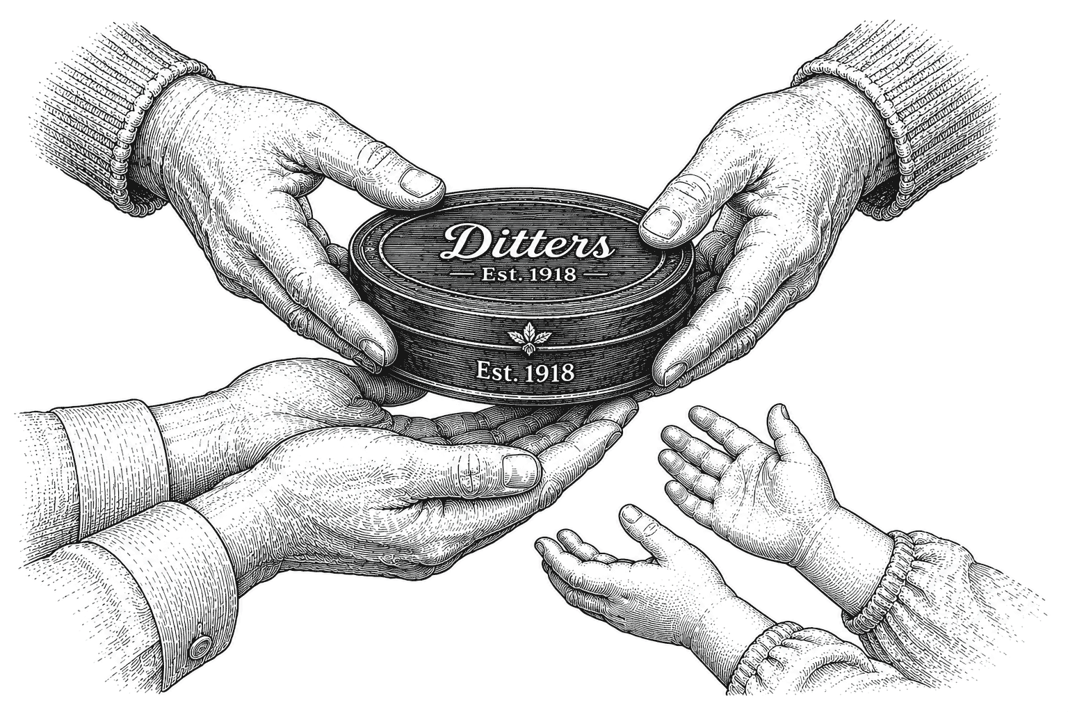 Vintage engraved illustration of hands passing a Ditters tin from one generation to the next.