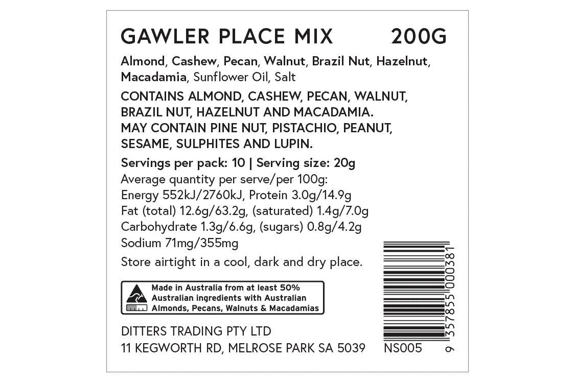 Ditters gawler place nut mix ingredients label