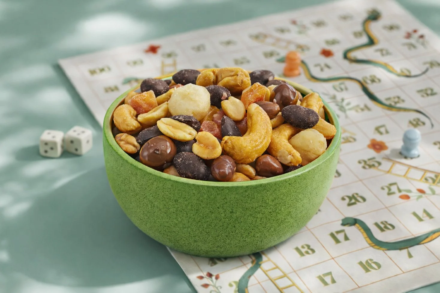 ditters games night mix in a green bowl on a snakes and ladders board next to a pair of dice