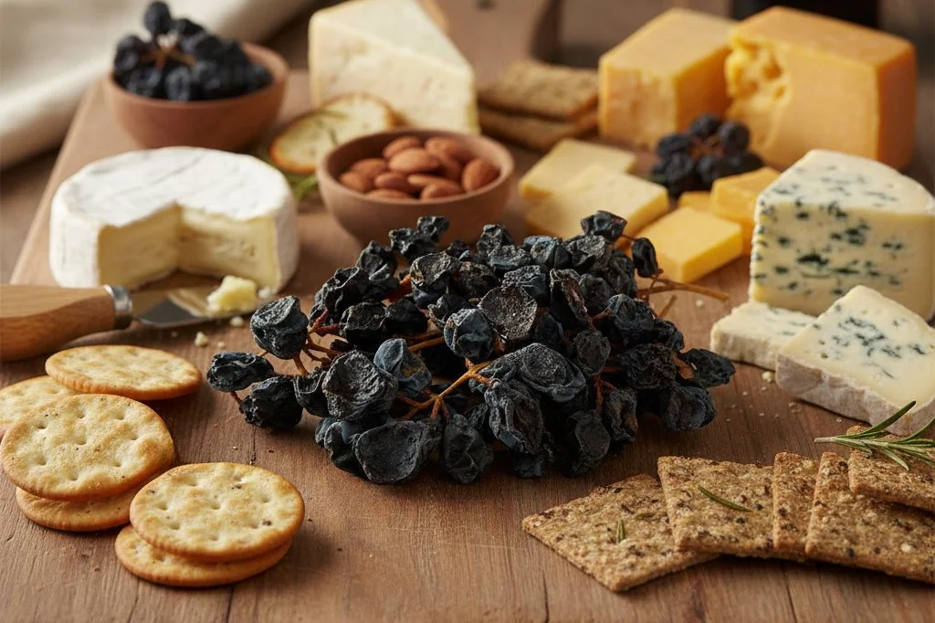 Muscatel grapes on cheese board