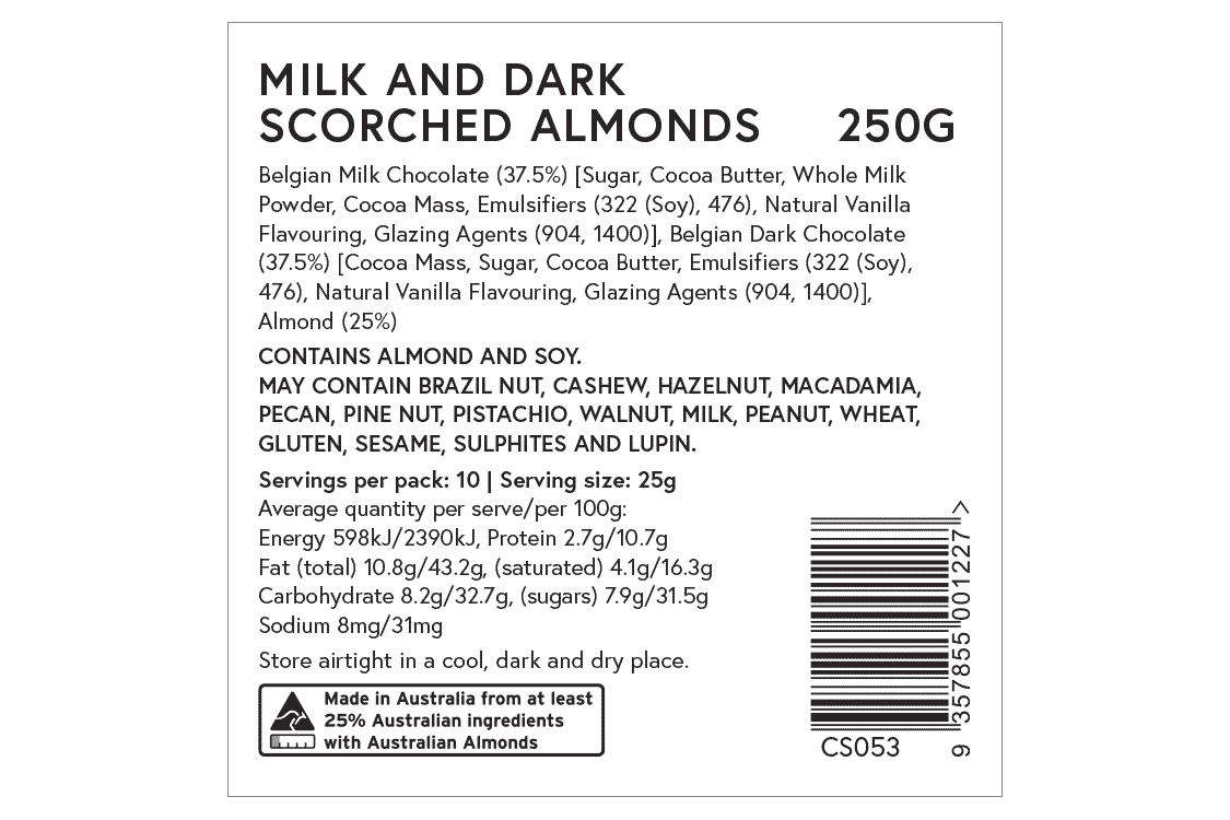 Ditters milk and dark scorched almonds ingredients label