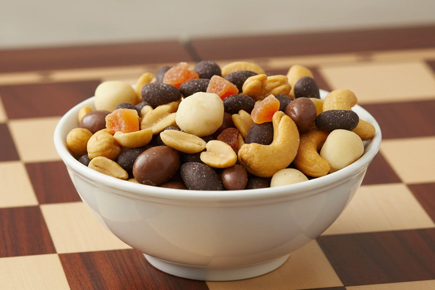nut and fruit snack mix in a small bowl on a chess board