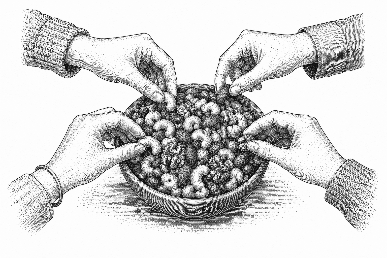 Vintage engraved illustration of four hands reaching into a shared bowl of mixed roasted nuts, capturing a relaxed moment of sharing and togetherness.