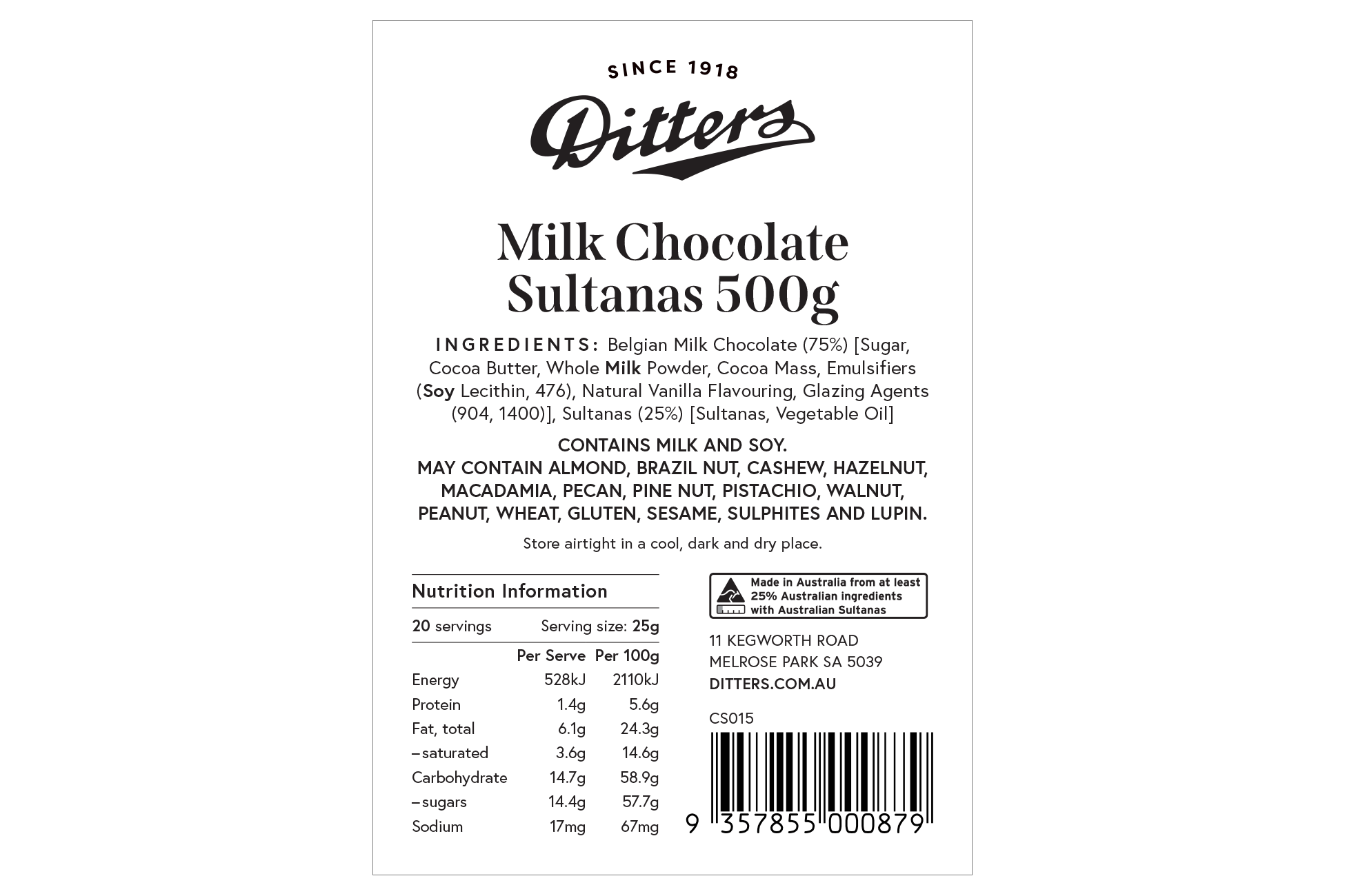 Ditters milk chocolate sultanas ingredients label