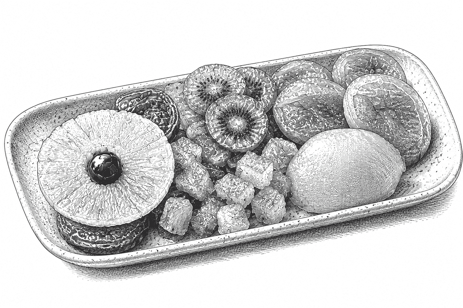 Vintage engraved illustration of a platter of glazed fruit, including pineapple rings, glacé cherries, kiwi slices, glacé ginger and whole glacé pears.
