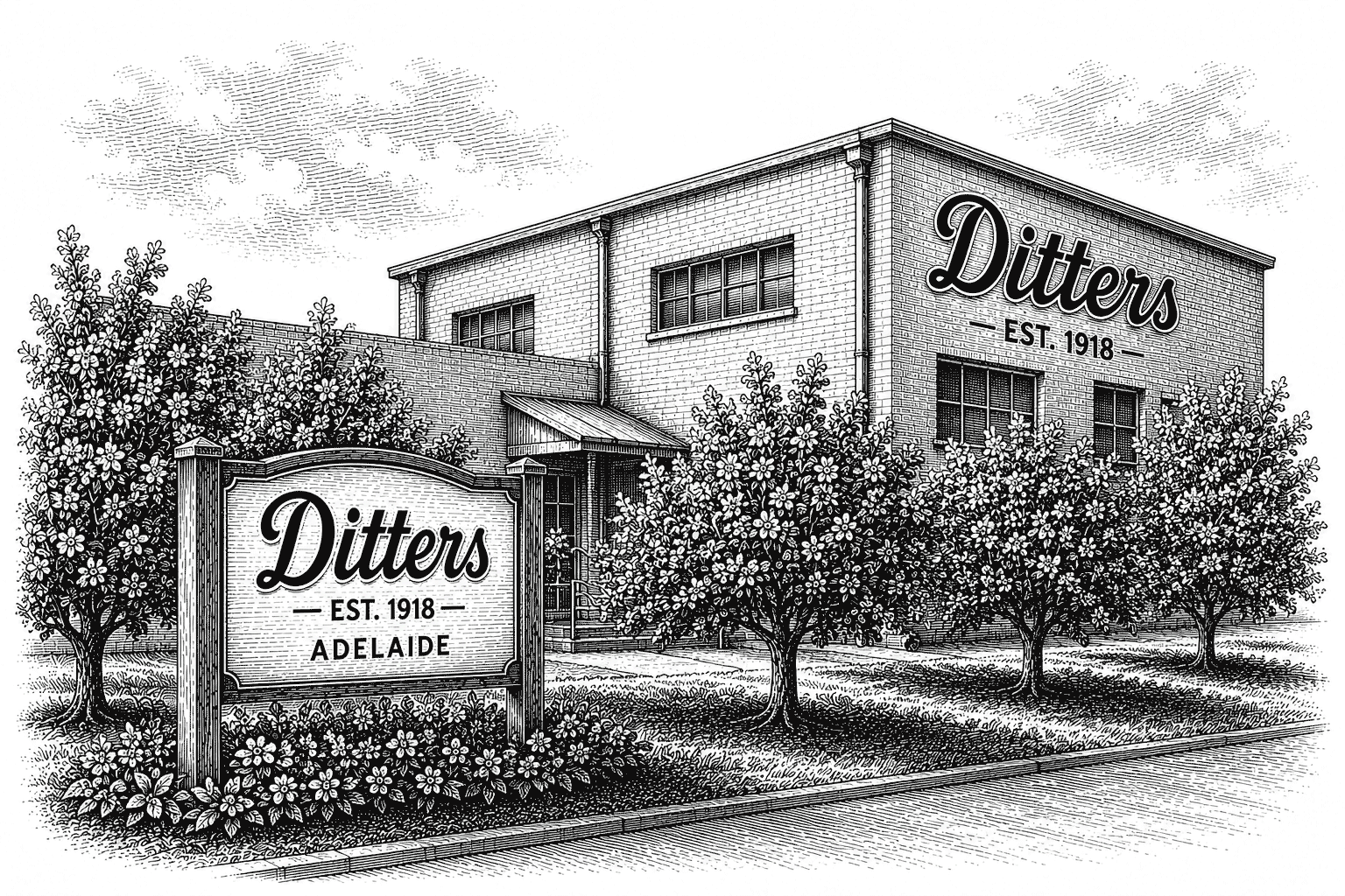 Vintage engraved illustration of the Ditters factory with almond trees and Est. 1918 sign.