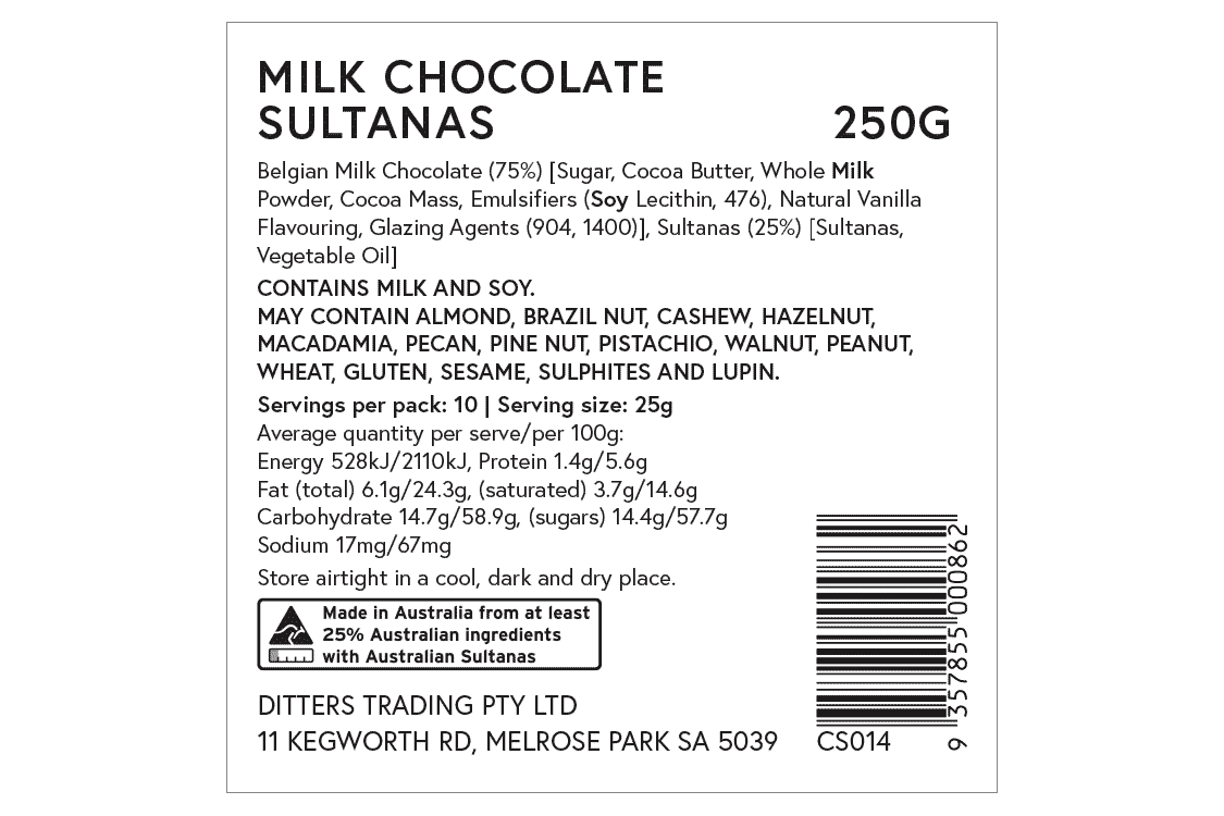 Ditters milk chocolate sultanas ingredients label